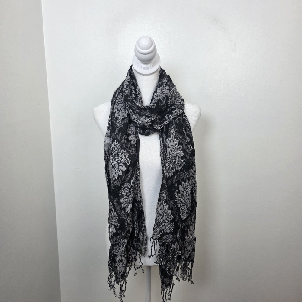 Black Grey Whimsygoth Dark Romantic Bohemian Long Fringe Scarf